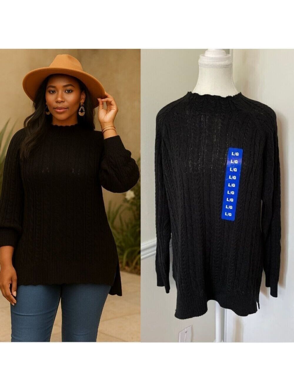 🐈NWT bleu:gray Cable Knit Lightweight Black Sweater L